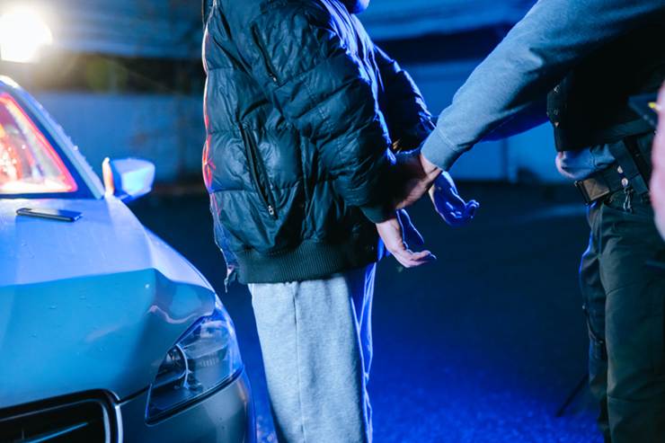 Person being arrested by police next to a vehicle with lights flashing. The image is related to illegal search and seizure.